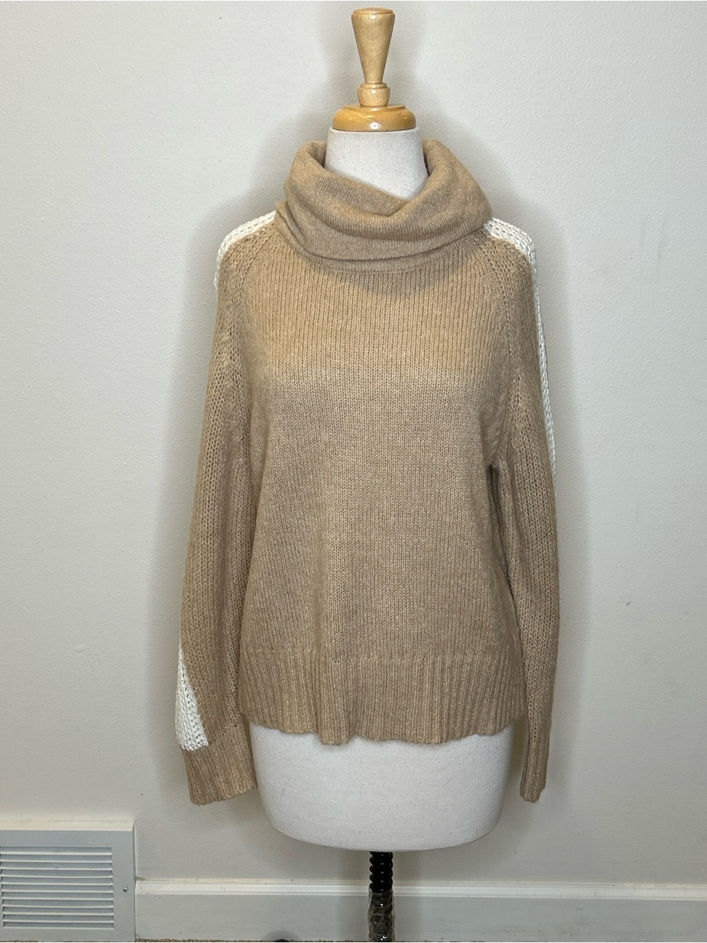 Sundance Camel Turtleneck Sweater with Cream Shoulder Detail Size L